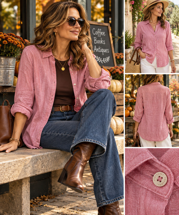 Foxcroft Tops - Foxcroft NYC Womens L Pink 100% Linen Shirt Coastal Lagenlook Fall Layer